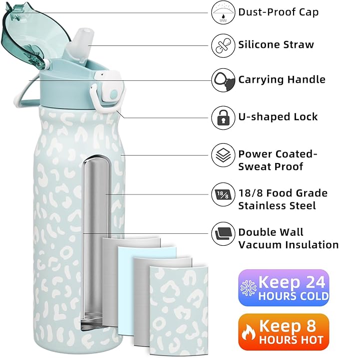 BJPKPK Water Bottle with Straw 25oz Insulated Water Bottles Reusable Stainless Steel Metal Thermal Flask with Leak Proof Lockable Lid and Carry Handle,Light Blue Leopard