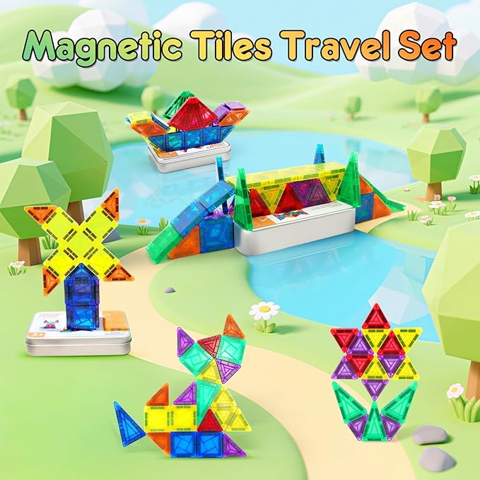 CS COSDDI 42PCS Magnetic Travel Toddler Set with Iron Storage Box, Mini Magnetic Blocks Kids Toys, Portable Magnetic Blocks Building Kids Toys for 3-5 Year Olds Boys Girls Birthday Gift