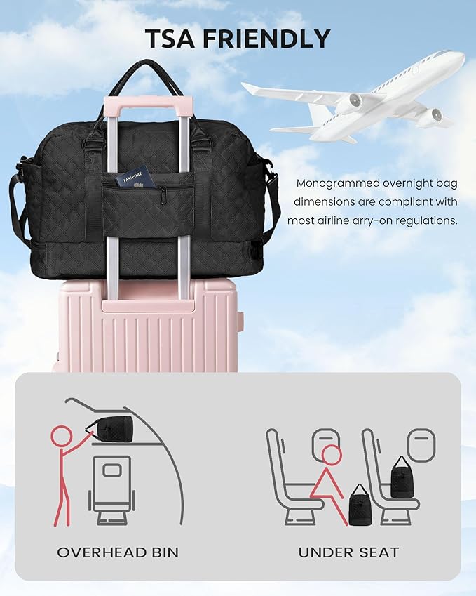 Initial Duffle Bag with Shoe Compartment, Personalized Weekender Bag with Shoulder Strap, Overnight Bag for Women with Trolley Sleeve & Wet Pocket, Travel Bag with Makeup Bag (Letter E)