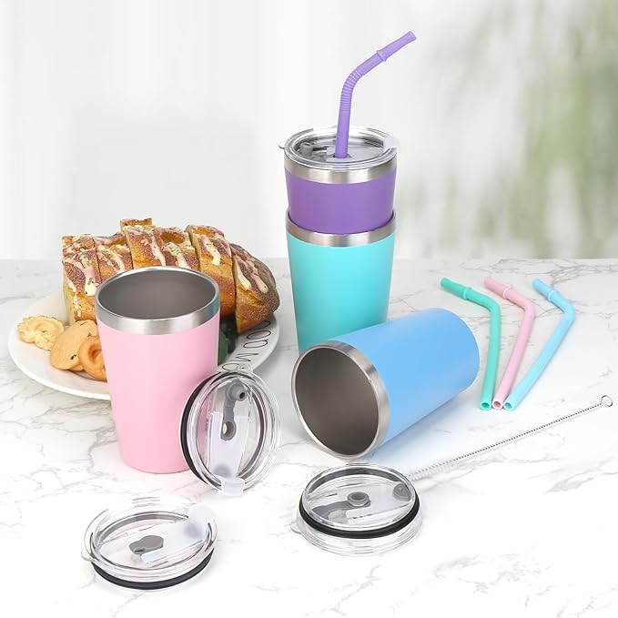 Kids Tumblers with Lids and Straws, 4 Pack Stainless Steel Cups with Lids for Kids Spill Proof, 12oz Double Wall Vacuum Insulated Cups for kids and Adults