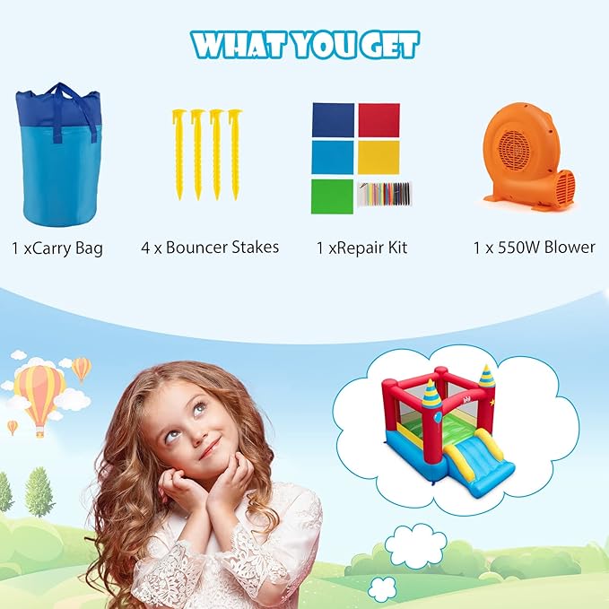 BOUNTECH Inflatable Bounce House, Bouncy House for Kids 3-10 Indoor Outdoor Family w/Large Jumping Area, Slide, GFCI 550w Blower, Mini Bounce House for Toddler Boys Girls Birthday Backyard Party Gifts