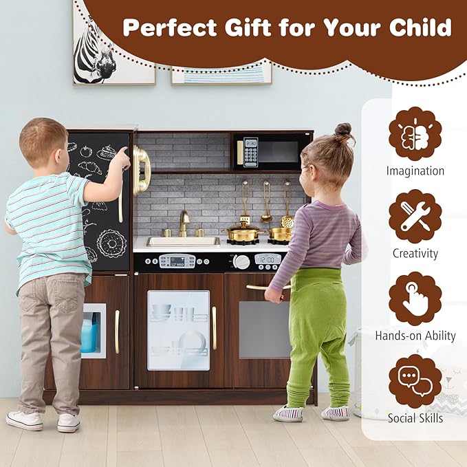 Costzon Kids Kitchen Playset, Wooden Pretend Cooking Toy Set w/Real Sound, Large Blackboard, Telephone, Microwave, Ice Maker, Dishwasher, Oven, Storage Space, Play Kitchen for Kids Ages 3+ (Brown)