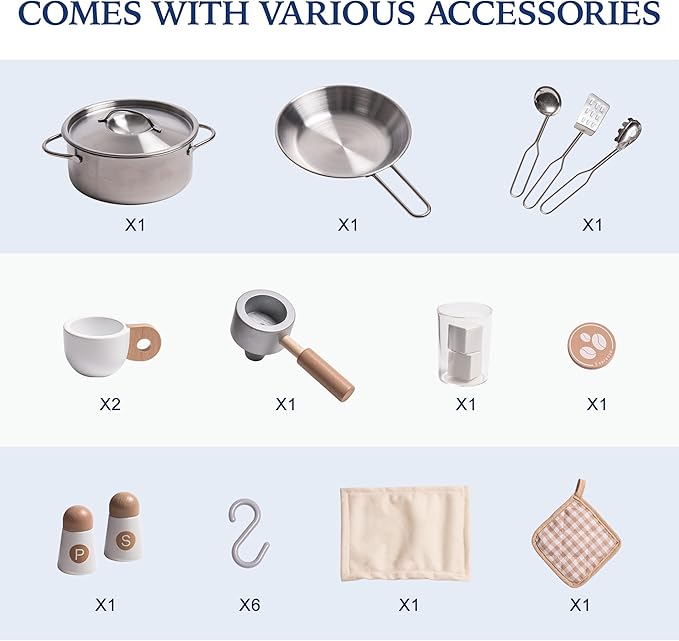 ROBUD Wooden Play Kitchen Set for Kids and Toddlers with Coffee Machine, Ice Maker, Microwave, Oven, Large Cabinet, 12 Accessories, Gift for 3+, Black