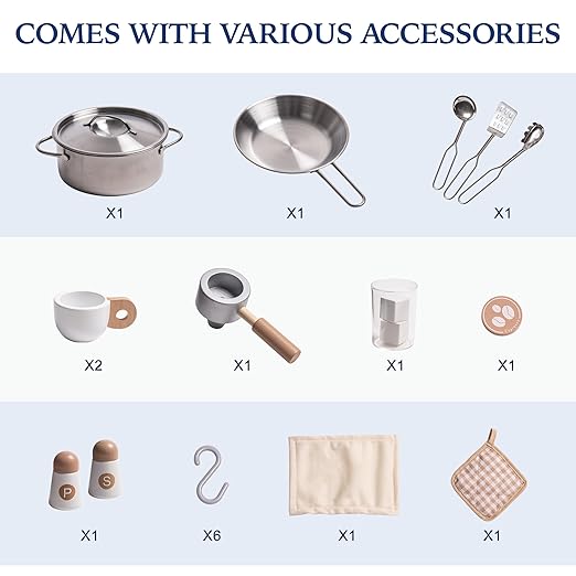 ROBOTIME Wooden Play Kitchen for Kids, Toddler Kitchen Playset with Ice Maker and Coffee Machine, Realistic Kids Play Kitchen Toy Gift for Girls & Boys Ages 3+ Black