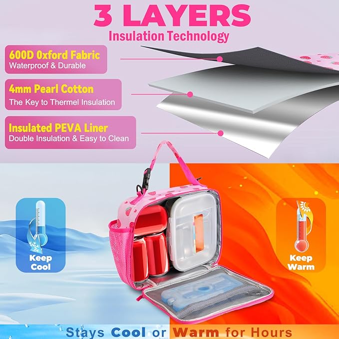 Kids Lunch Box Kids Lunch Bag for Girls Boys, Insulated Lunch Bag for Men with Shoulder Strap, Small Lunchbox for Girls School Travel Picnic (Pink, Strawberry)