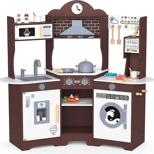 ANPABO Play Kitchen for Kids, Wooden Kitchen Playset w/Real Lights & Sounds, Coffee & Ice Maker, Microwave, Stove, 30Pcs Accessories Include Play Food, Pretend Play Set for Boys & Girls, Espresso