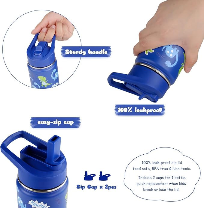 16 oz Stainless Steel Insulated Kids Water Bottle, Leak Proof Metal Thermal Flask with Straw lid, Cute Toddler Tumbler Cup for School Girls & Boys (Blue, Dino)