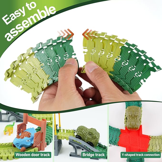 96 Pcs Dinosaur Flexible Track Expansion Kit for Kids - Birthday Gift for 3-5 5-7 Year Old Boys, Compatible with Most Dino Race Car Toys, Add-On Accessories for Building Track Sets