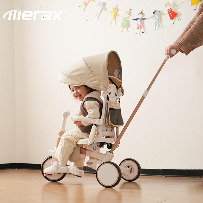 Foldable Toddler 7-in-1 Tricycle Removable Pedal, Canopy, and Guardrail Adjustable Parent Push Handle Ages 1-6 Years