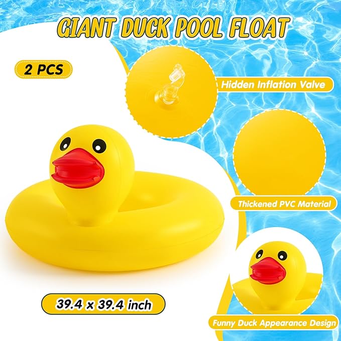 Hungdao 2 Pcs Funny Duck Pool Floats Large 39.4'' Rubber Ducks Floatie Inflatable Tube Swim Ring Giant for Summer Beach Swimming Pool Carnival Birthday Party Floaty Supplies Adults (Cute)