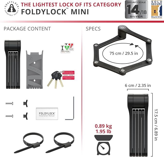 Seatylock FoldyLock Mini Folding Bike Lock - Patented Lightweight Bicycle Lock - Heavy Duty Anti Theft Guard with Key for Electric Scooter & City Bikes