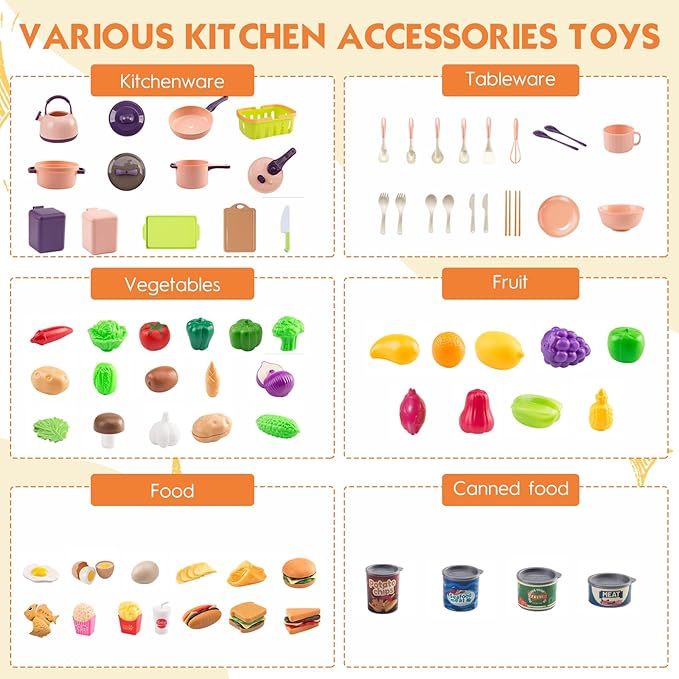 118Pcs Mini Play Kitchen Accessories for Kids, Pretend Cooking Playset with Cookware, Tableware & 2 Fruit Sets, Learning Gift for Girls, Boys, Toddlers, Pink