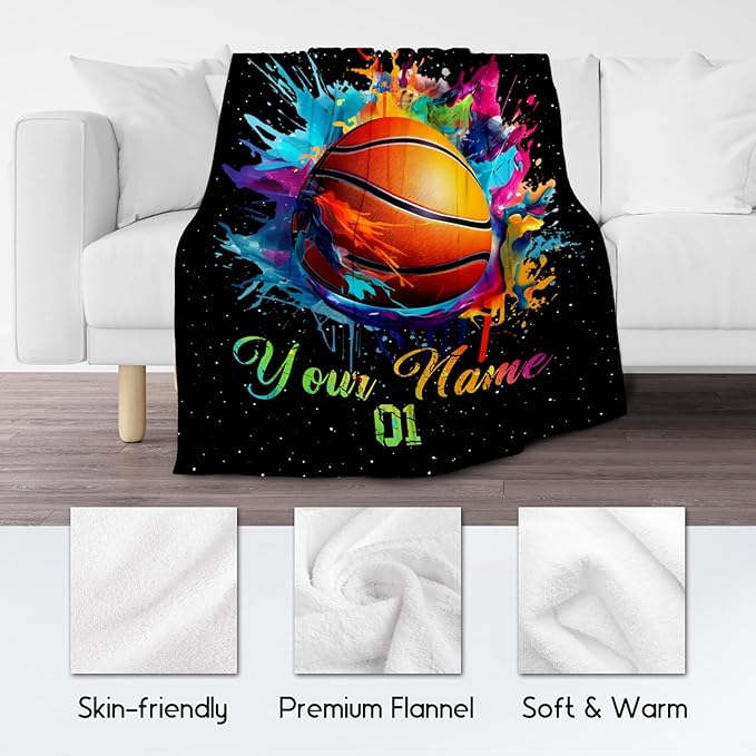 Personalized Basketball Blanket for Girls, Custom Basketball Gifts for Boys Adults Sport Lovers, Kids Throw Blankets for Team Player Couch Bed Home Decor (Colorful, 50x60 Inch)