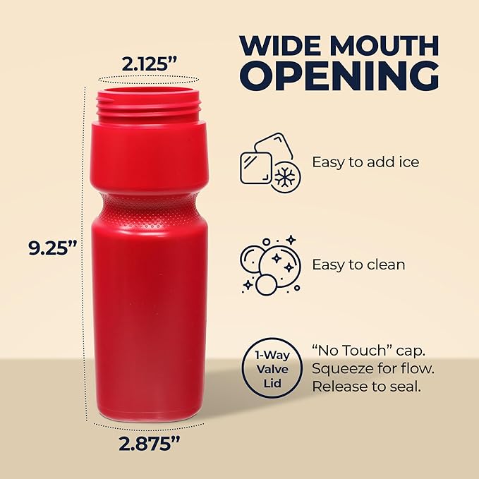 Rolling Sands USA Made 24 oz Sports Squeeze Water Bottles, 8 Pack, BPA-Free, Easy Drink One Way Flow Valve, Fits Most Bike Cages, Dishwasher Safe, Durable, Reusable and Lightweight, Red