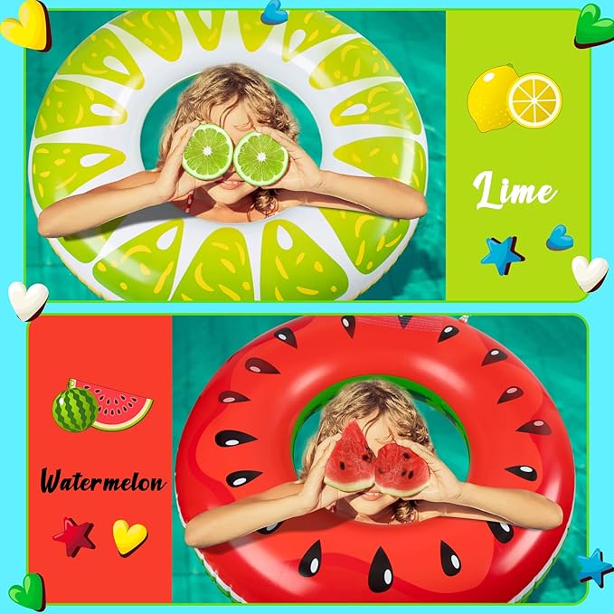 90shine 2PCS Fruit Pool Floats: Watermelon Lime Swimming Rings - Inflatable Tubes Floaties Toys for Kids Adults