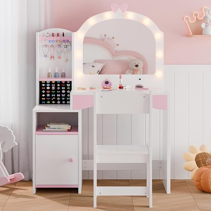 MU Kids Vanity, Girl Vanity Set with Mirror and Chair, 2 in 1 Toddler Makeup Vanity Table with Jewelry Storage, Wooden Princess Makeup Desk Dressing Table for Little Girls, White