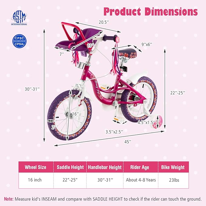 BABY JOY Kids Bike, 12 14 16 18 Inch Children Bicycle w/Detachable Training Wheels, Storage Basket, Adjustable Seat & Handlebar, Bow or Streamer, Girls Bike for 3-8 Years Old