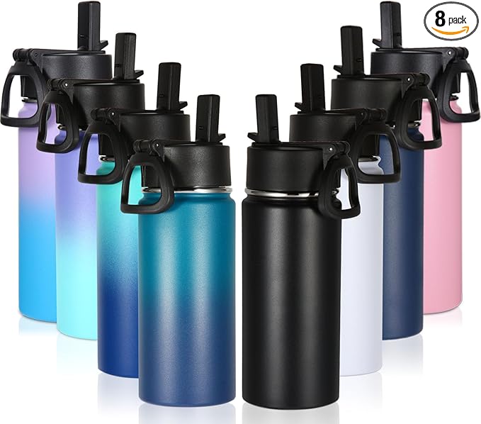 Volhoply 16 OZ Kids Water Bottle Bulk 8 Pack,Insulated Sports Bottles with Straw Lid,Stainless Steel Bottle with Handle Keep Cold & Hot,Double Wall Vacuum Tumbler Cups for School(Eight Color, 8)