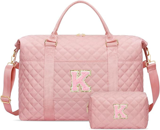 Gifts for Teen Girl, Initial Travel Duffle Bag, Personalized Women Weekender Overnight Bags, Gift for Daughter Kid Girl Wife Friend（Pink,K)