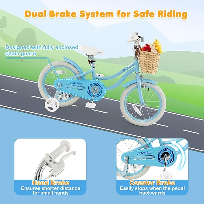 BABY JOY Kids Bike, 14 16 18 Inch Retro Kids Bicycles for 3-8 Years Old Children with Training Wheels, Adjustable Height, Rattan Basket, Handbrake & Coaster Brake, Boys Girls Bike (Pink, Green, Blue)