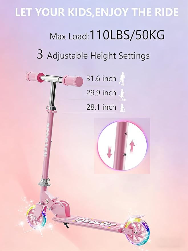 Scooter for Kids Ages 3+, 2 Wheels Kids Kick Scooter with Led Light Up & 3 Levels Adjustable, Lightweight Foldable for Boys&Girls