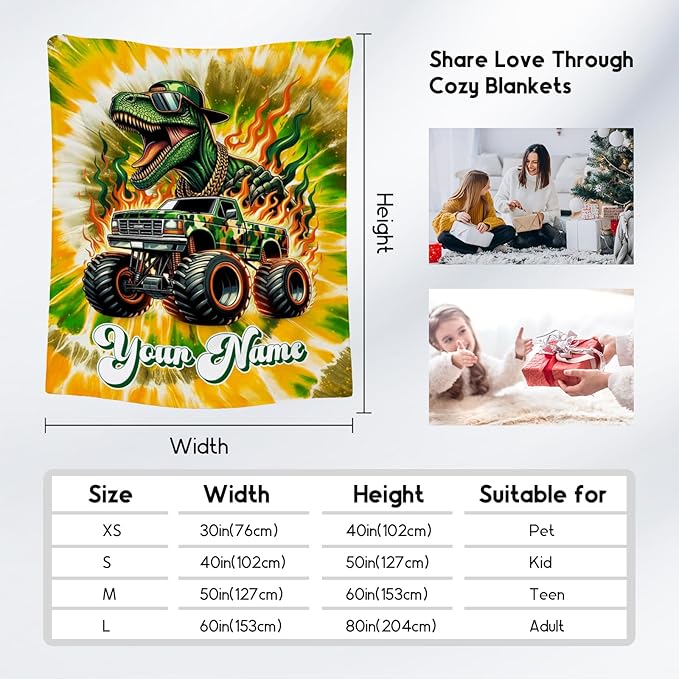 Boys Blanket, Personalized Dinosaur Blankets Gifts for Kids, Custom Tie Dye Throw for Dinosaur Lovers, Soft Fleece Truck Throw for Sofa (4 Sizes)