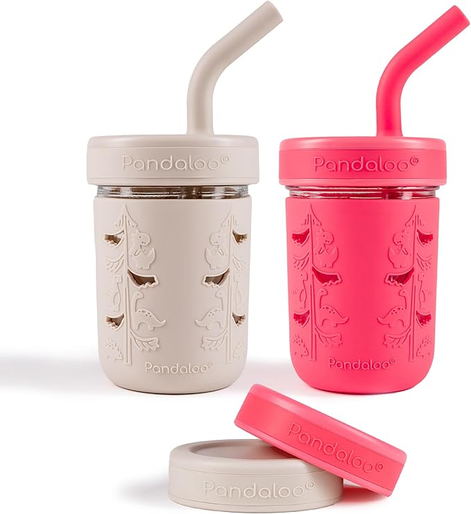 Pandaloo® Mason Jar Toddler Cup - 8 oz Spill-Proof Glass Tumbler with Silicone Straw and Lid, Non-Slip Sleeve, BPA-Free Toddler Snack Cups - Perfect Smoothie Cups with Lids and Straws for Kids