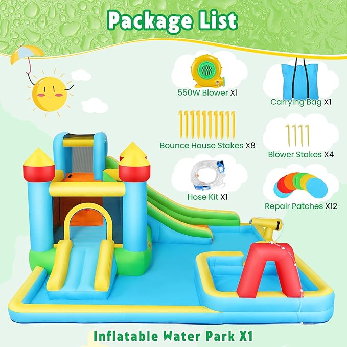 WHUBEFY Bounce House,Inflatable Water Slide Bounce Castle with Blower for Kids 3-12,Outdoor/Indoor Bouncy House Water Park for Backyard with 2 Splash Slides,Climbing Wall,Ball Pit,Jumping Area