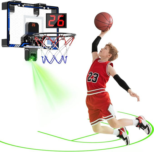 HopeRock Indoor Basketball Hoop with Projected Court, Basketball Hoops for Kids Over The Door with Scoreboard & 3 Balls, Mini Hoops Basketball Toys Gifts for 5 6 7 8 9 10 11 12 Year Old Boys Girls