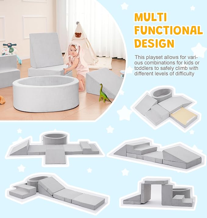 Foam Climbing Blocks with Ball Pit & Stairs for Toddlers Aged 1-3 -Soft Playset for Indoor Crawling, Foam Playground Set for Baby to Active Playing Inside -(Balls NOT Included),Grey