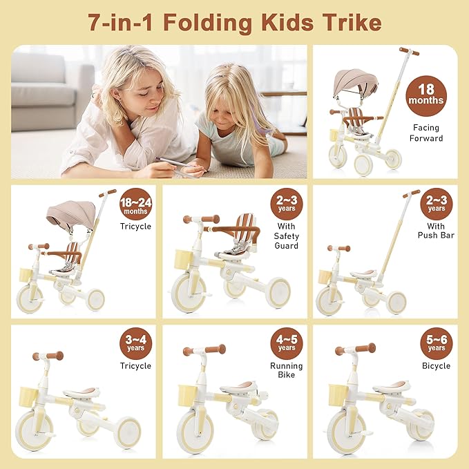 Foldable Kids Tricycle with Adjustable Pedals, Removable Canopy Cup Holder Safe, Portable Toddler Bike Age 18-72 Months