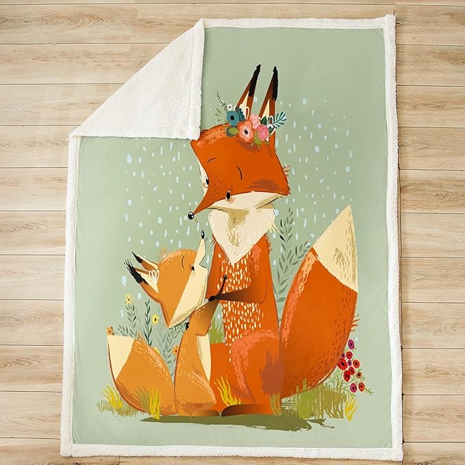 Kids Fox Print Plush Blanket Cartoon Fox Fleece Throw Blanket 3D Animal Theme Sherpa Blanket for Boys Girls Floral Woodland Fox Fuzzy Blanket Nature Theme Bed Couch Chair Room Decor Throw 50x60 Inch