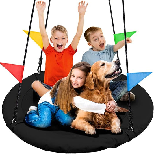 Odoland Kid Tree Swing - 40in Saucer Swings for Outdoor - Chidren Round 900D Waterproof Oxford Platform Swing - 660Lb Weight Capacity for Yard Black