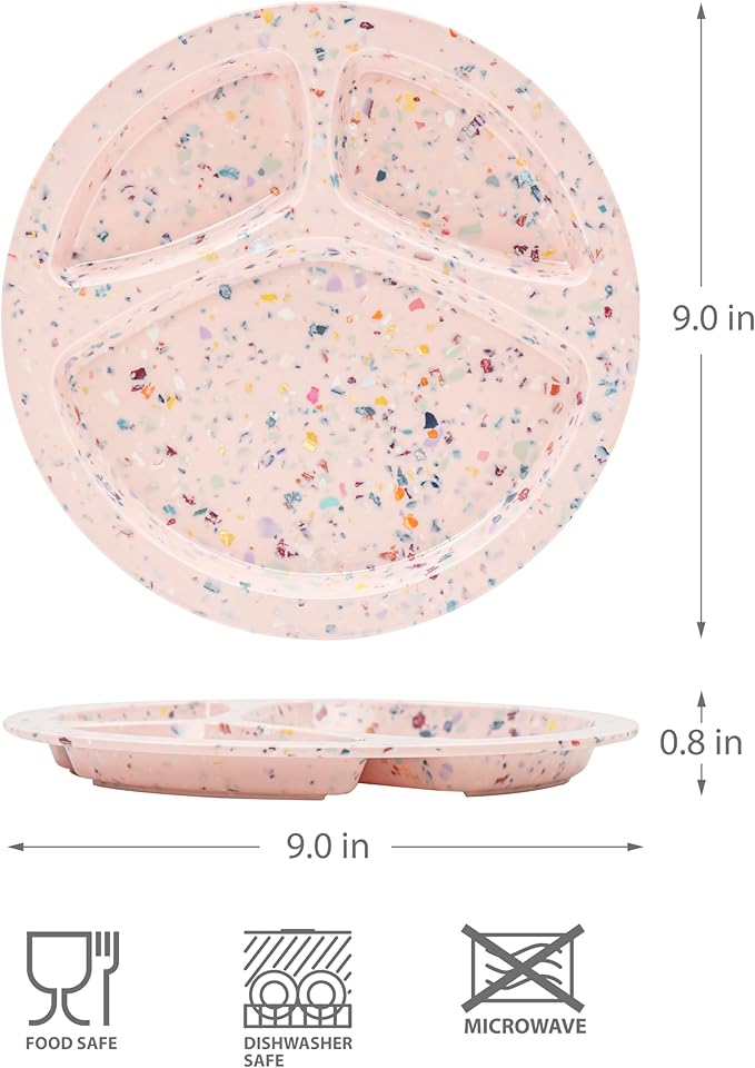 Bzyoo 9-Inch Melamine Divided Plates – 3-Section Portion Control Plates, Food Safe & Durable, Lightweight & Unbreakable, Reusable Tableware for Kids, Big Kids & Everyday Meals, Confetti Pink