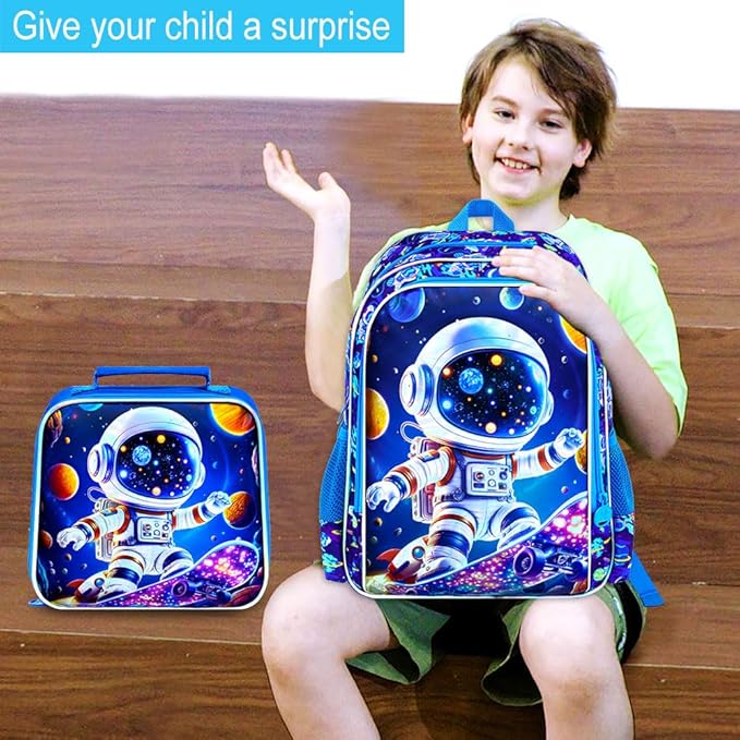 16" Space Boy Backpack, 3Pcs Astronaut Bookbag for Elementary Preschool Kindergarten, Kids School Backpacks with Lunch Box (Blue)