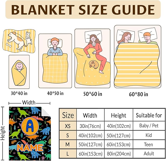 Blankets for Boys Personalized Monogram Throws Gifts, Custom Name Soft Cozy Cute Dinosaur Blanket for Kids Toddlers Teens Accessories Decor for Sofa Couch Bedroom Living Room Home