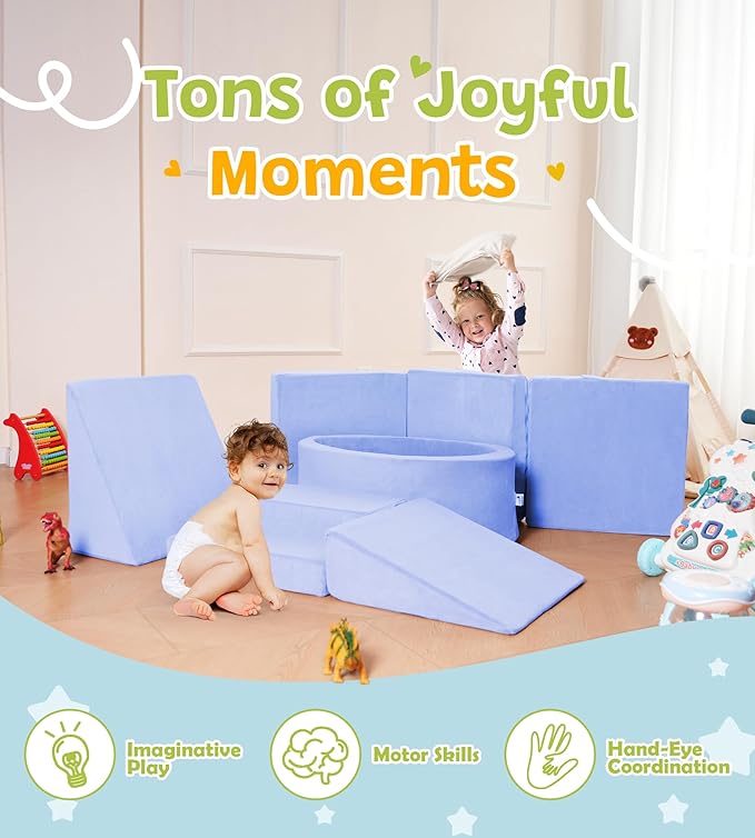 Foam Climbing Blocks with Ball Pit & Stairs for Toddlers Aged 1-3 -Soft Playset for Indoor Crawling, Foam Playground Set for Baby to Active Playing Inside -(Balls NOT Included),Light Blue