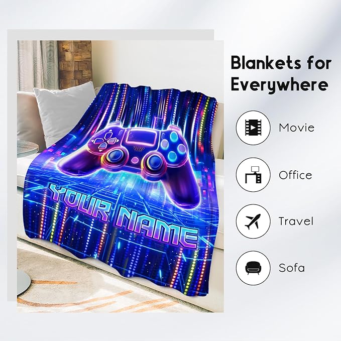 Mercuryelf Blanket for Boys Personalized Gaming Blankets Gifts - 4 Sizes Cozy Flannel Throw for Kids