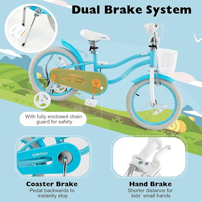 BABY JOY Kids Bike, 12 14 16 18 20 Inch Boys Girls Bike w/Adjustable Seat, Removable Basket, Handbrake & Coaster Brake, Training Wheels or Kickstand, Kids Bicycle with Multi-Color