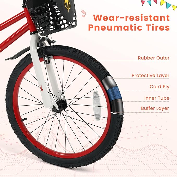 BABY JOY Kids Bike, 12 14 16 18 20 Inch Children Bikes for Boys Girls Teens 3-8 8+ Years w/Training Wheels or Kickstand, Handbrake, Coaster Brake & Removable Basket, Kids Bicycle of Multiple Colors