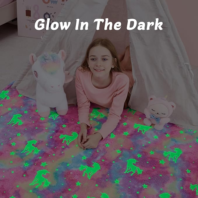 QSTEHEML Unicorn Glow in The Dark Blanket,Unicorn Gifts Toys for Kids Girl Age 3-12 Years Old,Birthday Gifts for Toddler, Teen,Christmas Birthday Bedroom Decor 50"×60"