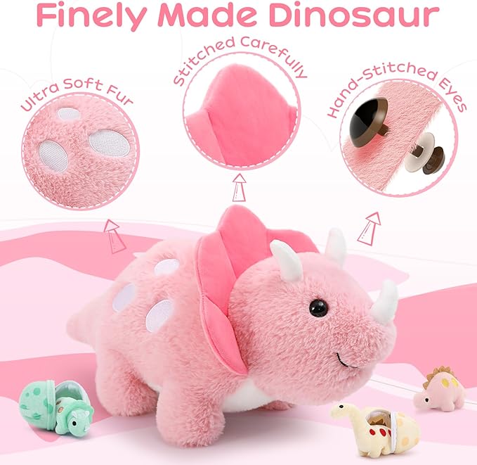 17.6in Pink Dinosaur Toys for Girls, Mommy Dinosaur Stuffed Animal with 3 Baby Dino Plush(Triceratops, Stegosaurus and Diplodocus),Small Dino Plushies for Girls and Boys,Gifts for Kids