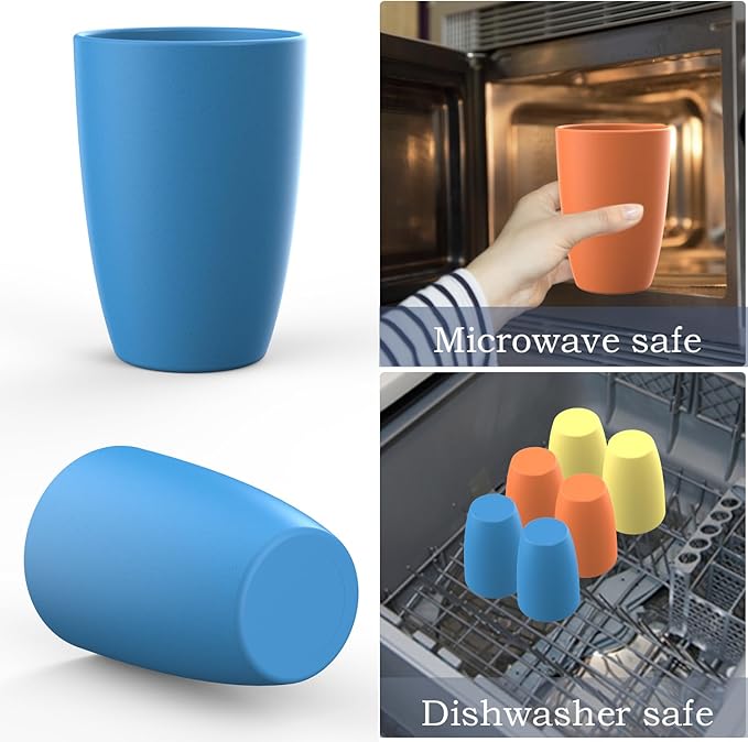 unbreakable wheat straw cups 20oz set of 6 with textured pattern anti slipping,big plastic drinkings cups microwave safe and dishwahser safe. Yellow-Orange-Blue