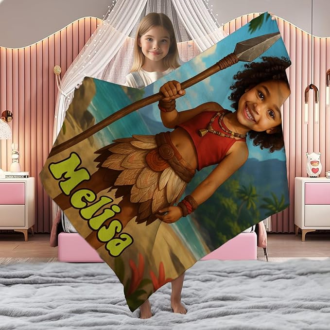 Personalized Adventure Baby Blanket, Kids Cartoon Beach Theme, Custom Photo Blanket with Name, Unique Gift for Baby Girl, Soft Fleece Throw Blanket