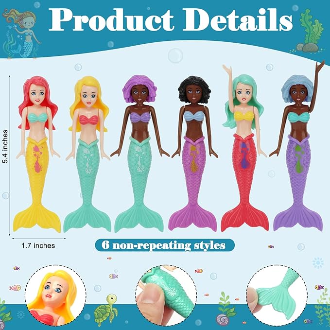 6 PCS Mermaid Dive Toys Set Sinking Pool Bathtub Games Dolls Colorful Underwater Diving Mermaids for Kids Girls Aged 3-12 Non-Repeating Designs for Swimming Skills Training Spring Summer Beach Fun