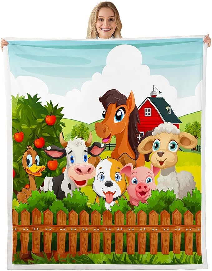 Kids Cartoon Fleece Throw Blanket Toddler Cute Farm Animals Sherpa Blanket Cattle Sheep Pigs Dogs Horses Plush Blanket for Boys Girls Farmhouse Soft Fuzzy Blanket for Sofa Bed Couch, Throw 50x60 Inch