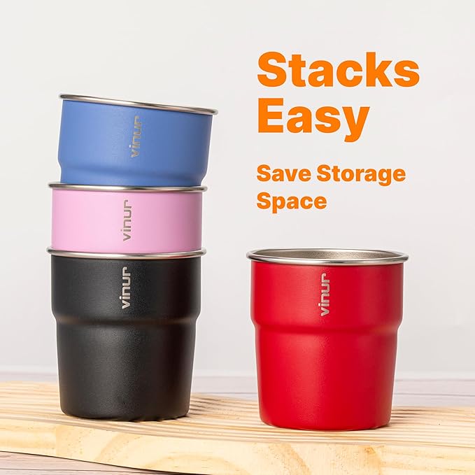 VINUR Kids Stainless Steel Cups-8 oz Stackable Tumbler Metal Drinking Glasses for Travel, Camping, Outdoors, 4 Pack (Royal Blue-Canyon Red-Black-Purple Pink)