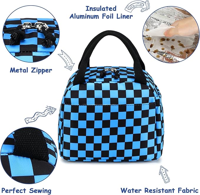 Lunch Box Kids Insulated Lunch Bag Large Reusable Leakproof Cooler Lunch Bags for Boys Girls School Travel Picnic (Blue Check)