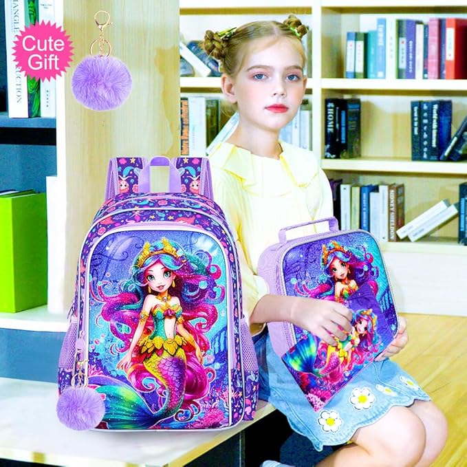 CCJPX 3PCS Kids Backpack for Girls, 16”Mermaid Sequin Preschool Bookbag Set, Cute Water Resistant School Bag for Elementary Kindergarten Toddler