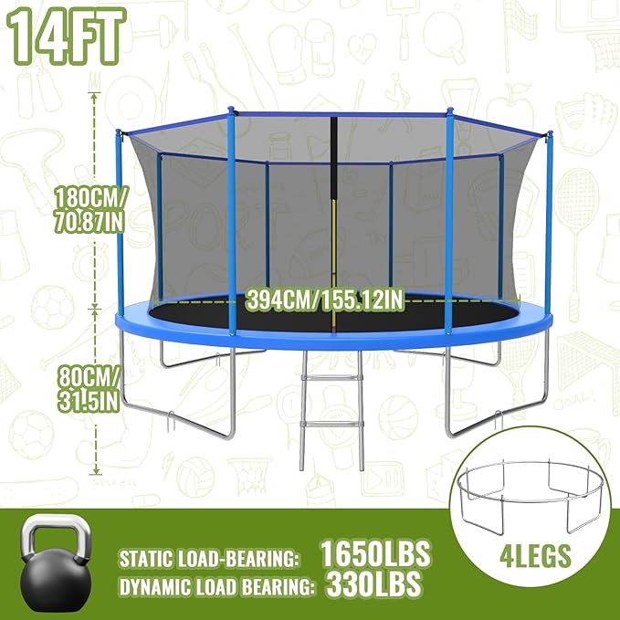 10FT/12FT/14FT Trampoline for Kids and Adults - Outdoor Trampoline with Safety Net - Anti Rust - ASTM Approved - Blue